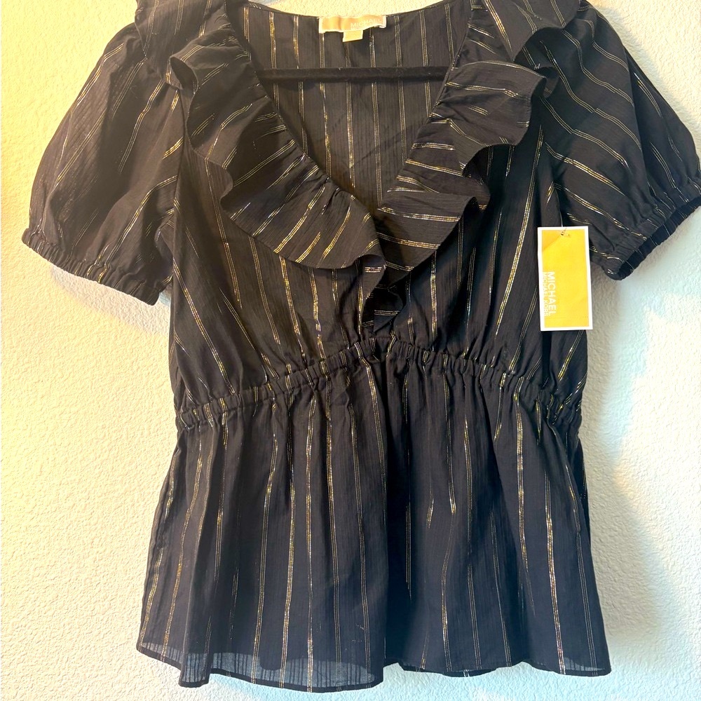 MICHAEL Michael Kors Black Fitted Ruffled Blouse